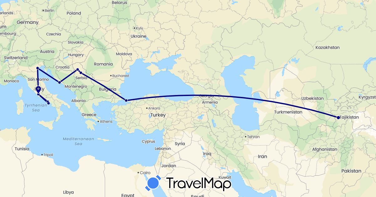 TravelMap itinerary: driving in Croatia, Italy, Serbia, Tajikistan, Turkey (Asia, Europe)